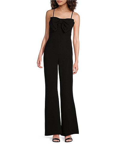 CeCe Crepe Sweetheart Neck Bow Front Sleeveless Spaghetti Strap Fitted Long Flare Leg Jumpsuit