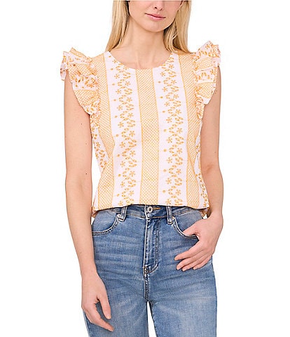 CeCe Crew Neck Cap Ruffle Sleeve 3D Embroidered Blouse