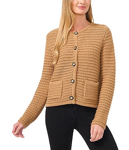 CeCe Crew Neck Long Sleeve Button Front Cardigan