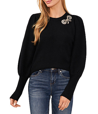 CeCe Crew Neck Long Sleeve Rhinestone Bow Jersey Knit Sweater