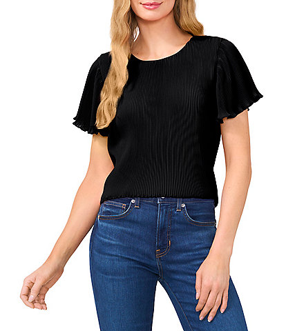 CeCe Crew Neck Short Pleated Sleeve Blouse