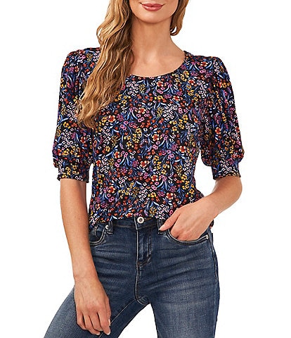 CeCe Crew Neck Short Puffed Sleeve Floral Blouse