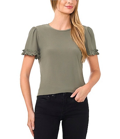 CeCe Crew Neck Short Ruffle Sleeve Blouse