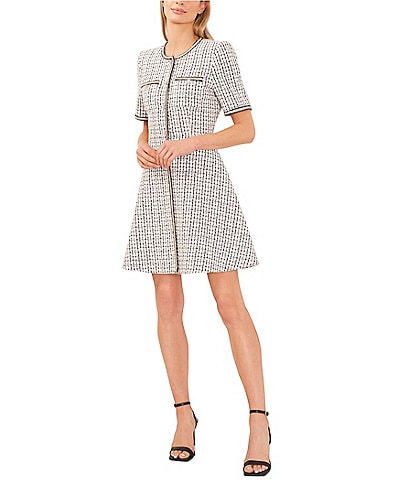 CeCe Crew Neck Short Sleeve Rhinestone Button Front Tweed Fit and Flare Dress