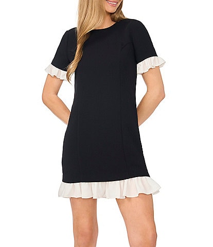 CeCe Crew Neck Short Sleeve Twofer Ruffle Dress