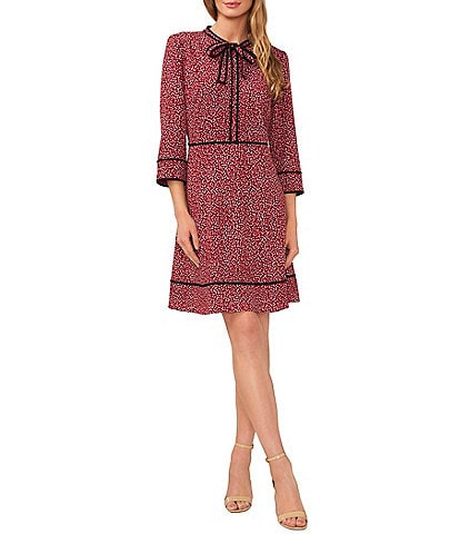 CeCe Ditzy Floral Print 3/4 Sleeve Bow Crew Neck Contrasting Piping Trim Fit and Flare Dress