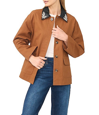 CeCe Embellished Collar Zip Up Barn Jacket