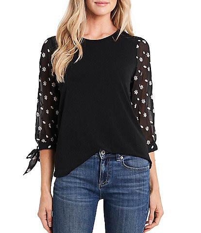 CeCe Floral Embroidered 3/4 Tie Sleeve Crew Neck Knit Top