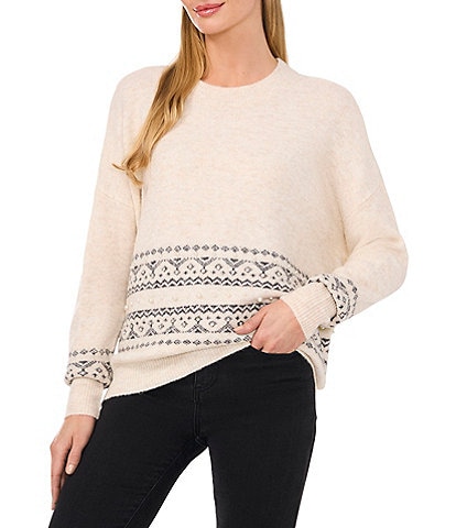 CeCe Fair Isle Jersey Knit Crew Neck Dropped Long Sleeve Pullover Sweater