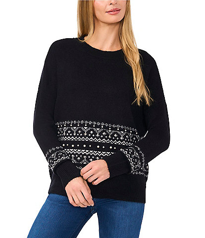 CeCe Fair Isle Jersey Knit Crew Neck Dropped Long Sleeve Pullover Sweater