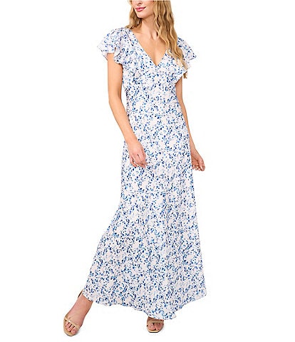 CeCe Floral Print V-Neck Short Ruffle Sleeve Maxi A-Line Dress