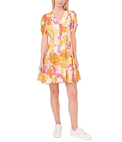 CeCe Floral V-Neck Short Sleeve Floral Button Front Dress