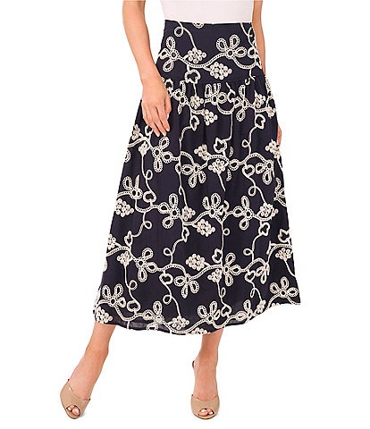 CeCe Flouncy Floral Embroidered Midi Skirt