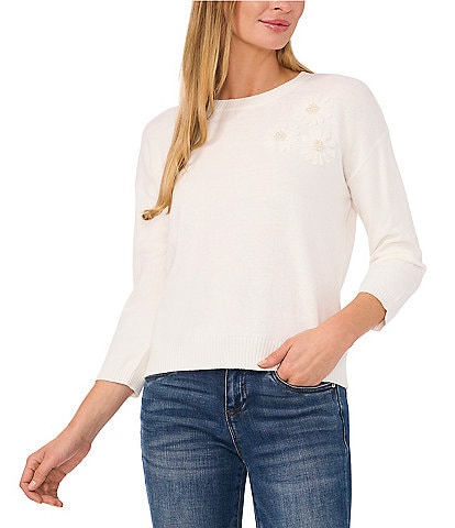 CeCe Flower Embroidery Pearl Long Sleeve Sweater