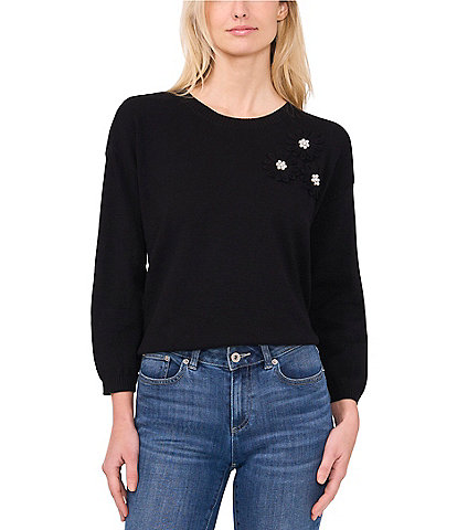 CeCe Flower Embroidery Pearl Long Sleeve Sweater