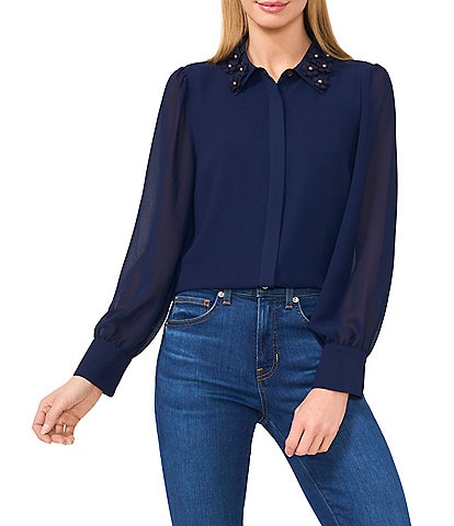CeCe Georgette Floral 3D Applique Pointed Collar Long Sleeve Hidden Button Front Blouse