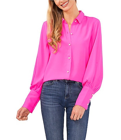 CeCe Heavy Georgette Point Collar Long Sleeve Pearl Button Front Shirt