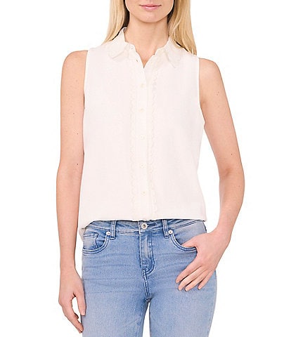 CeCe Heavy Georgette Point Collar Scallop Detail Sleeveless Button Front Top