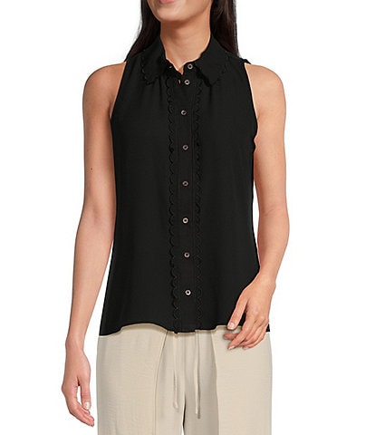 CeCe Heavy Georgette Point Collar Scallop Detail Sleeveless Button Front Top