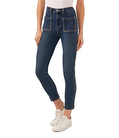 CeCe High Waisted Front Patch Pocket Braided Trim Denim Skinny Jeans