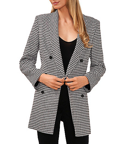 CeCe Houndstooth Print Double Breasted Long Sleeve Shawl Lapel Statement Blazer