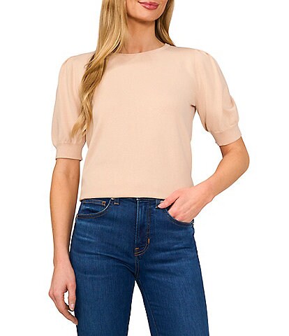 CeCe Knit Crew Neck Short Puff Sleeve Top
