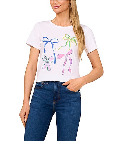 CeCe Knit Crew Neck Short Sleeve Bow Graphic Tee
