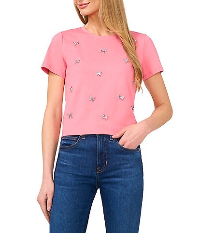 CeCe Knit Crew Neck Short Sleeve Gem Detailed Tee
