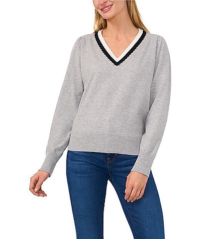 CeCe Knit Milano Contrast Trim Deep V Neck Long Sleeve Welt Front Pullover Sweater