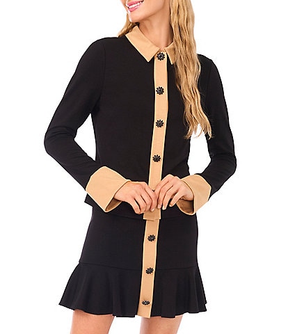 CeCe Knit Point Collar Long Sleeve Button Down Top