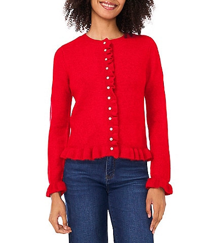 CeCe Long Sleeve Round Neck Ruffle Trim Button Front Cardigan