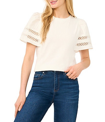 CeCe Knit Round Neck Short Sleeve Blouse