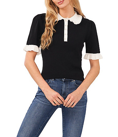 CeCe Knit Ruffle Collar Short Sleeve Partial Button Front Blouse