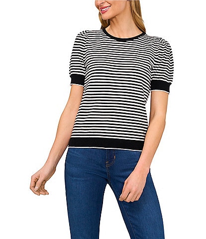 CeCe Knit Striped Crew Neck Short Puff Sleeve Sweater