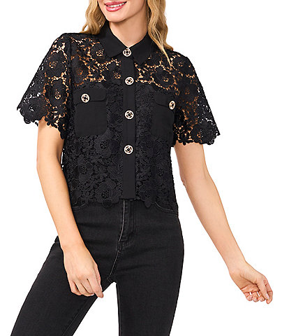 CeCe Lace Collared Short Sleeve Patch Pocket Button Front Top