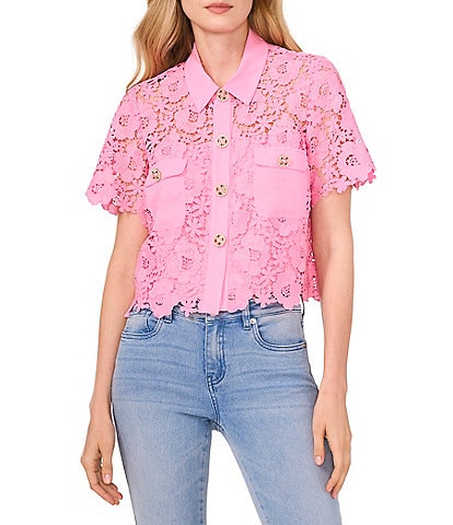 CeCe Lace Collared Short Sleeve Patch Pocket Button Front Top