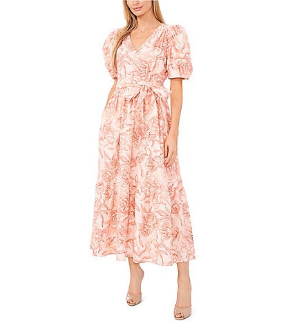 CeCe Linen Blend Floral Print V-Neck Short Puff Sleeve Belted A-Line Dress