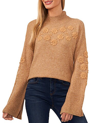 Cece Long Bell Sleeve Mock Neck Embroidered Sweater