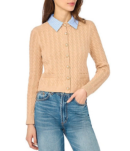 CeCe Long Sleeve Button Front Cable Knit Layered Cardigan