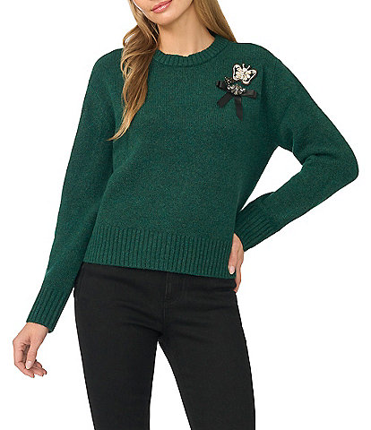 CeCe Long Sleeve Crew Neck Embellished Sweater