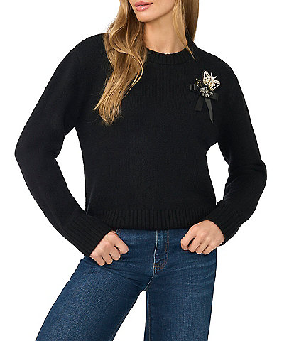 CeCe Long Sleeve Crew Neck Embellished Sweater