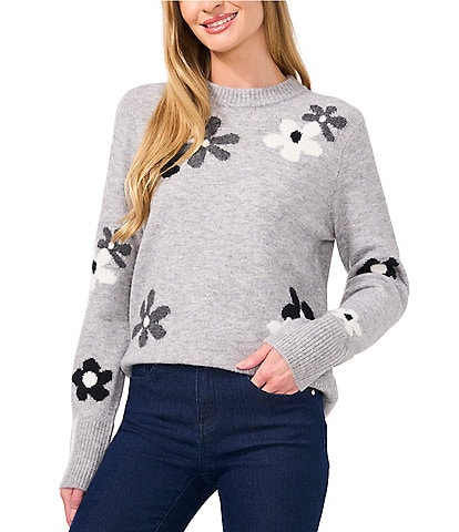 CeCe Long Sleeve Crew Neck Floral Intarsia Sweater