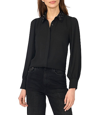CeCe Long Sleeve Embellished Collar Button Down Crepe Blouse