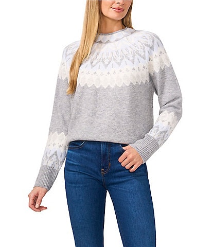 CeCe Jersey Long Sleeve Funnel Neck Fair Isle Print Sweater