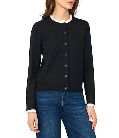 CeCe Long Sleeve Pointelle Trim Button Front Cardigan
