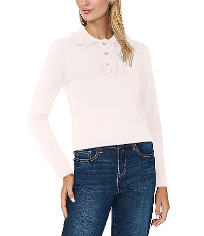 CeCe Long-Sleeve Ruffle-Trim Collared Fitted Sweater Top