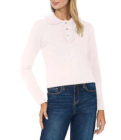 CeCe Long Sleeve Ruffle-Trim Collared Fitted Sweater Top