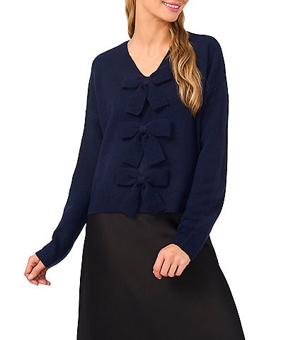 CeCe Long Sleeve V-Neck Bow Front Pullover Sweater