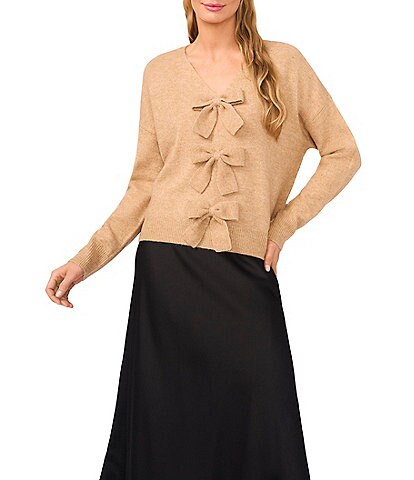 CeCe Long Sleeve V-Neck Bow Front Pullover Sweater