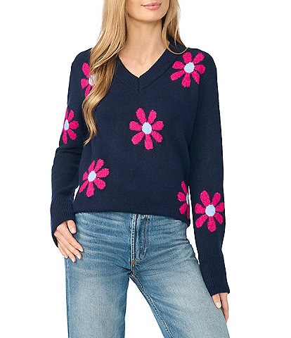 CeCe Long Sleeve V-Neck Groovy Floral Pullover Sweater